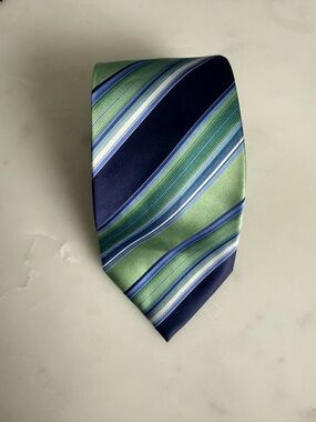 Geoffrey Beene Navy and Green Striped Silk Tie